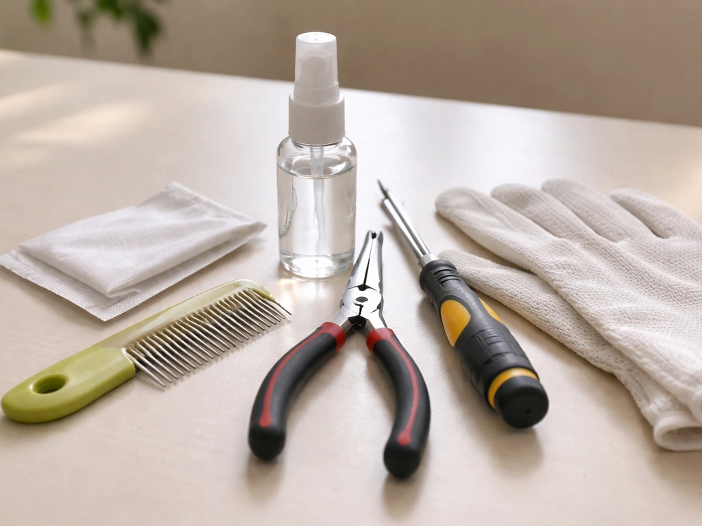 Close-up of bird-safe grooming tools and supplies laid out neatly for safe preparation.