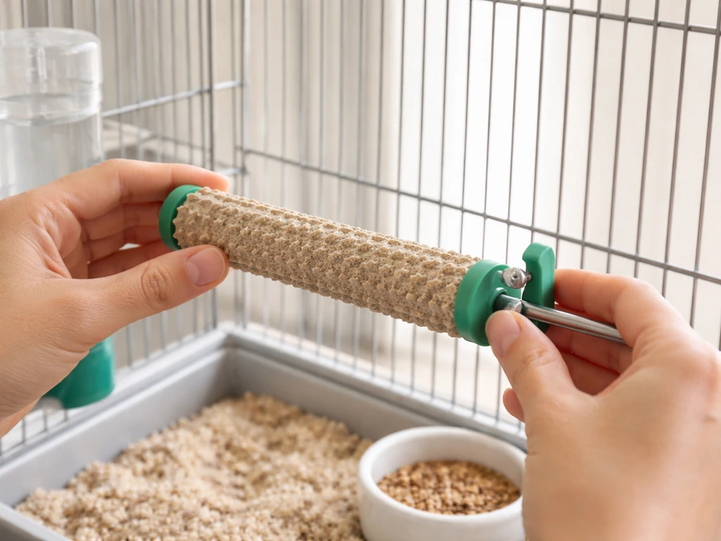 Hands mounting a comb-textured grooming perch low inside a bird cage, with food and water unobstructed.