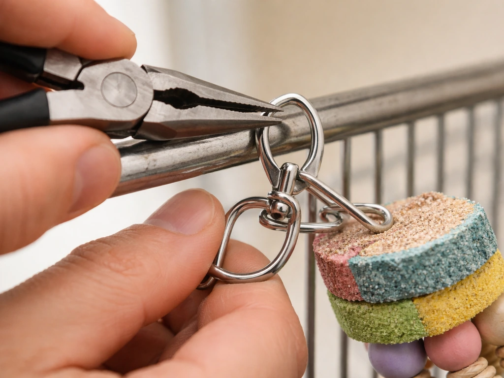 Needle-nose pliers open a spring clip and attach a beak-grooming block to a metal bar.
