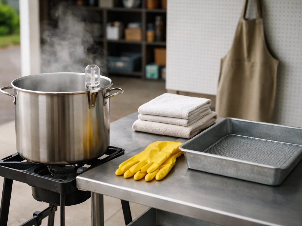 Clean outdoor garage plucking station with steaming scalding pot, gloves, towels, and thermometer on a bench.