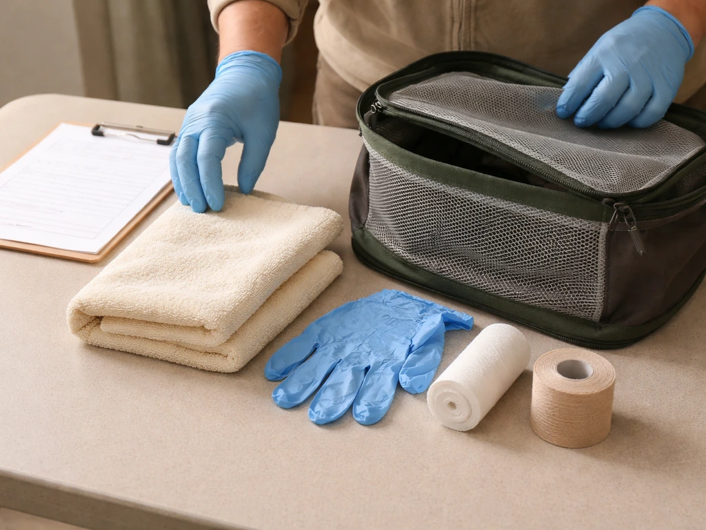 Gloved hands preparing humane wildlife handling kit with a clean towel and first-aid supplies on a table