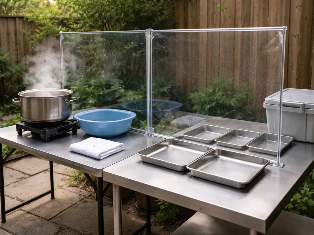 Outdoor backyard work area split into a wet scald/pluck zone and a clean inspection/storage zone