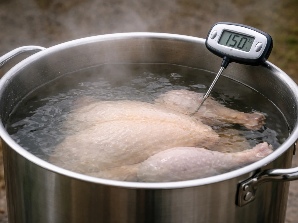 A scalding pot with a submerged plucked bird and a cooking thermometer showing a safe range