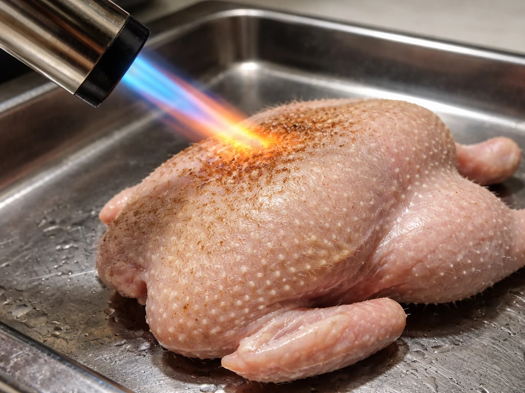 Close-up of a plucked poultry skin being singed with a small torch, showing remaining stubble on a tray.