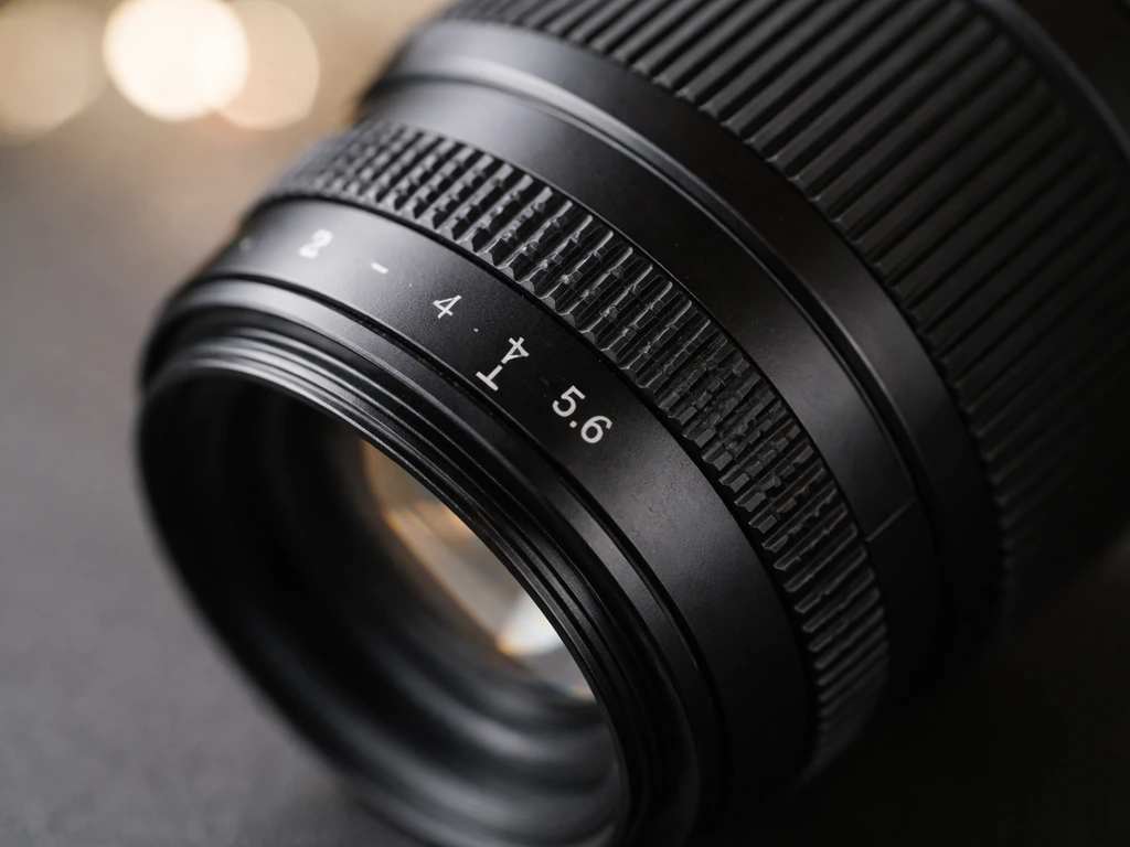 Close-up of a camera lens aperture ring set wide open with shallow depth of field blur.