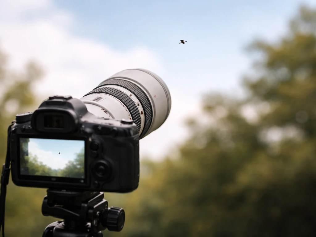 Telephoto camera setup tracking a distant bird, shallow depth of field with blurred background.