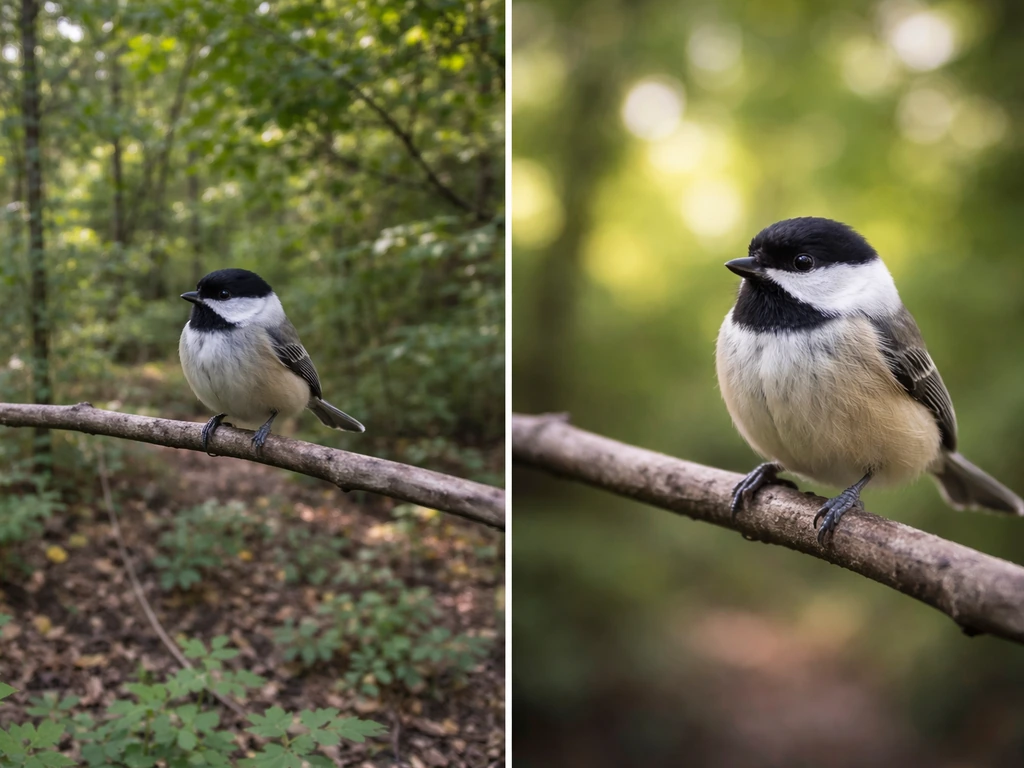Two minimal nature photos: farther camera vs closer to a small bird with cleaner background blur.