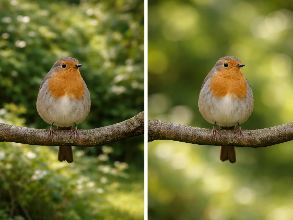 Side-by-side photos of a bird on a branch: left background not blurred, right background strongly blurred.