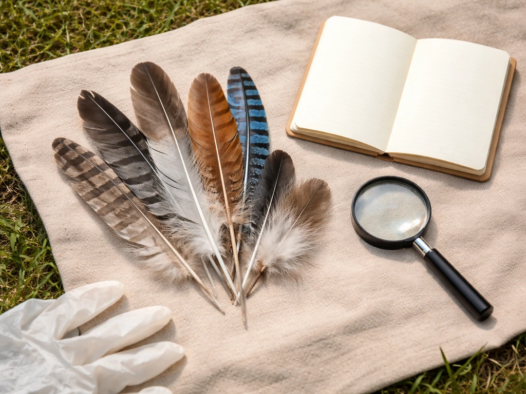 Overhead view of shed bird feathers with a notebook and magnifier for beginner feather hunting.
