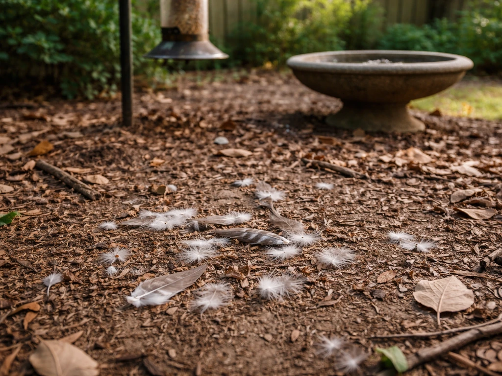 Shed bird feathers scattered on the ground beneath a backyard bird feeder and birdbath.