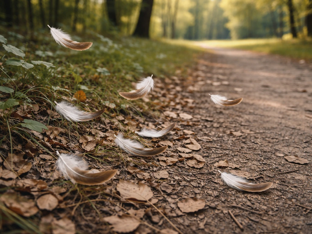 Close view of drifting bird feathers along a sunny woodland trail edge near fallen leaves
