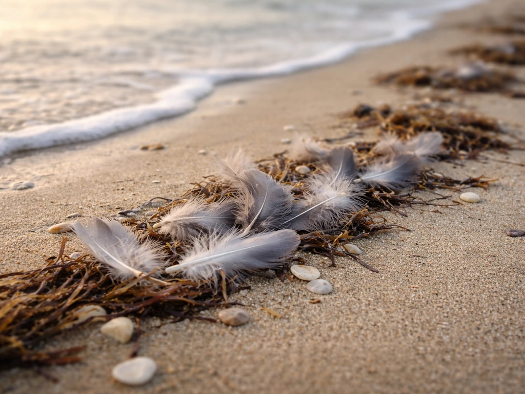 Feathers clustered in sea wrack along the beach high-tide line on wet sand near the shore.