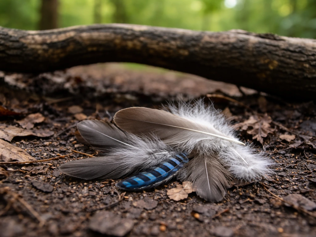Loose bird feathers gathered beneath a tree branch in a quiet wooded roost area