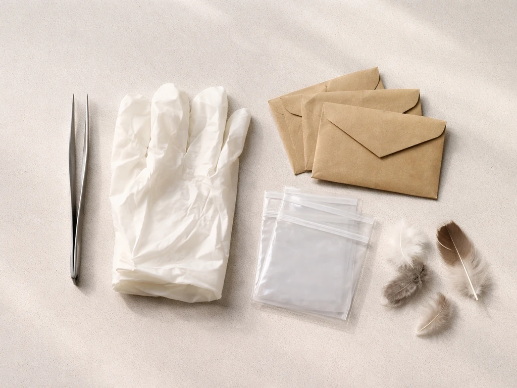 Flat-lay of tweezers and disposable gloves with small bags for collecting feathers