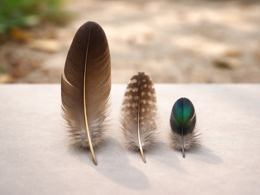 Assorted feathers laid side-by-side on a simple surface, showing shaft and color patterns clearly.