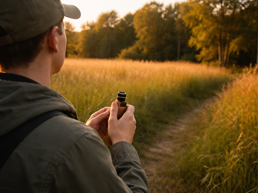 Beginner holding a handheld bird call at a meadow edge during golden hour at sunset.