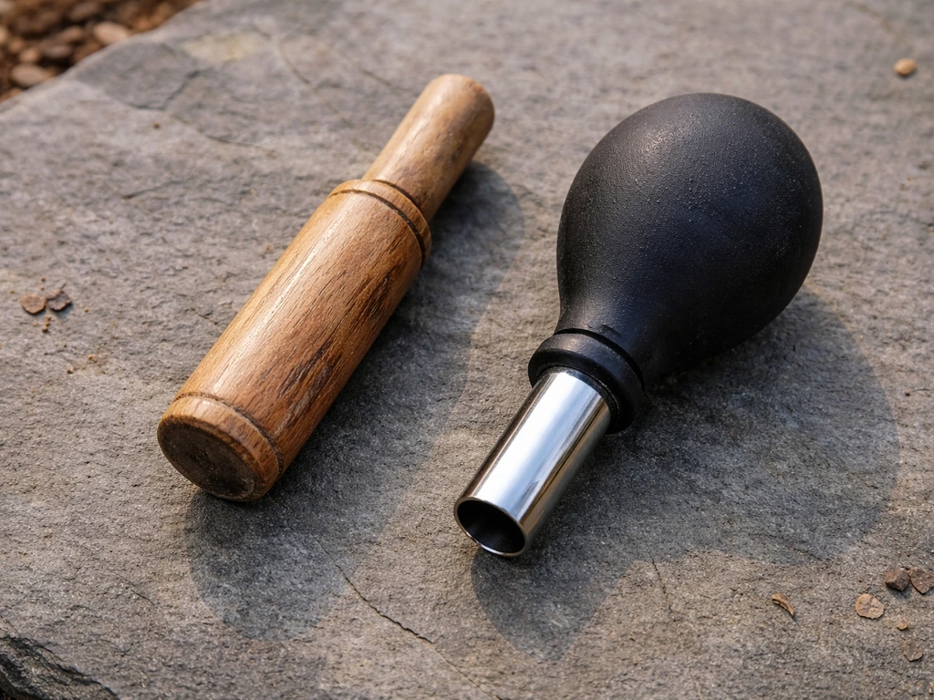 Close-up of two handheld bird calls—wooden friction call and squeeze bulb call—laid side by side