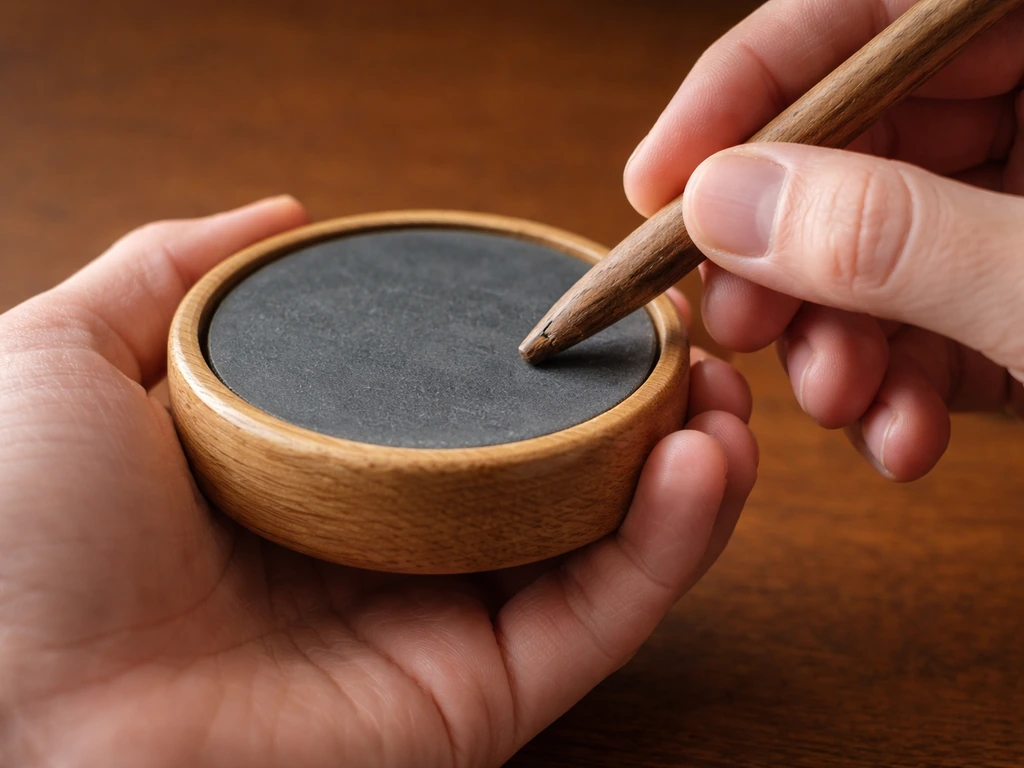 Close-up of hands holding a wooden friction call with the peg tip contacting the cylinder loosely