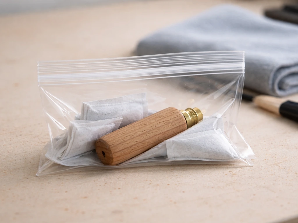 Wooden bird call inside a small zip bag with desiccant on a clean workbench.