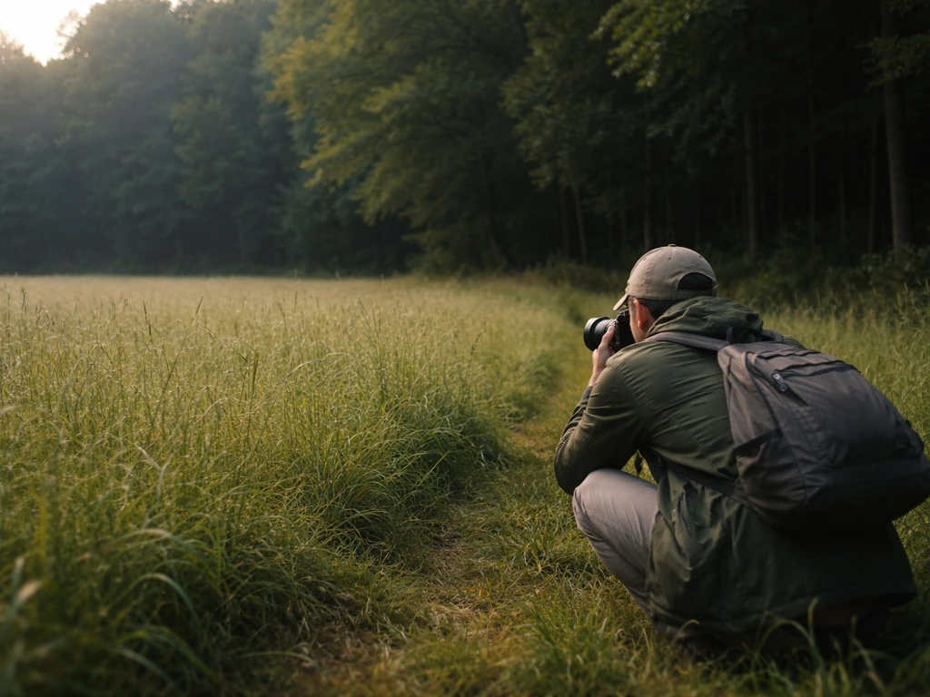 Crouching photographer at a meadow-forest edge aiming a camera toward the treeline transition.
