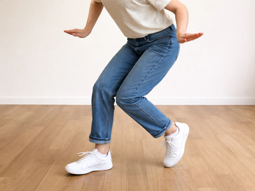 Anonymous lower-body bird-dance posture with bent knees and wing-like arm flaps on a simple studio floor.