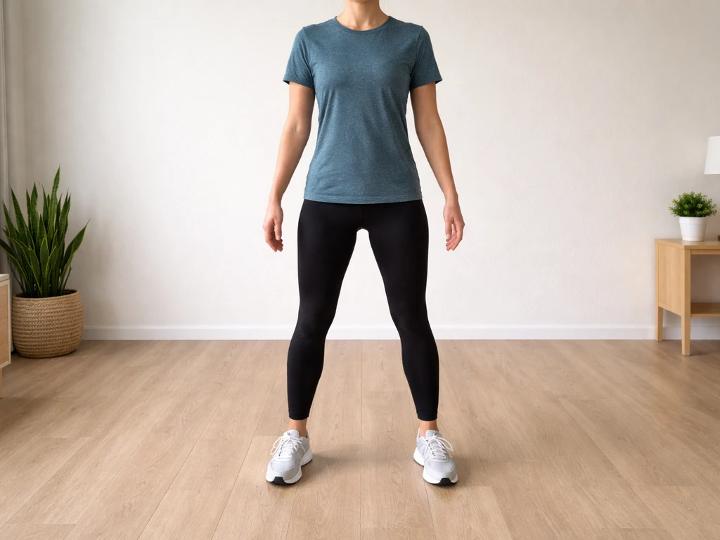 Anonymous adult standing with correct neutral posture in an uncluttered room, showing arm’s-length clearance.