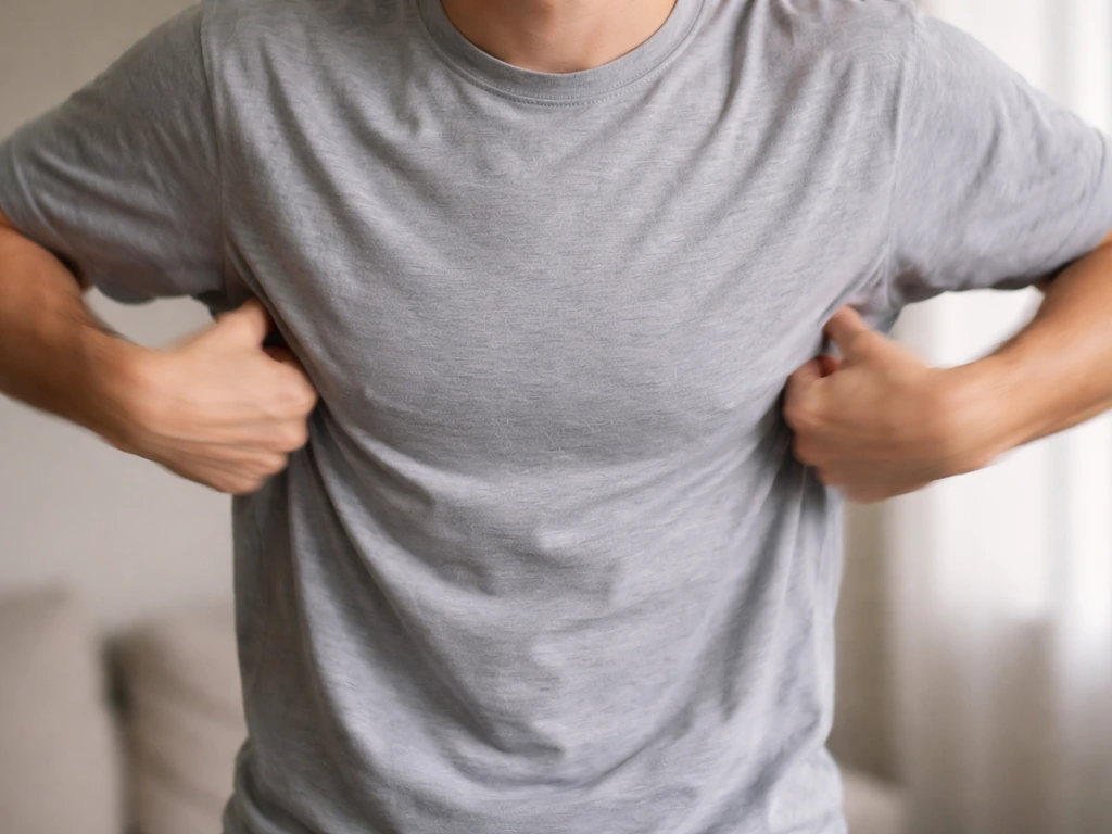 Close-up of a person flapping elbows like wings, thumbs tucked, hands moving up and down.