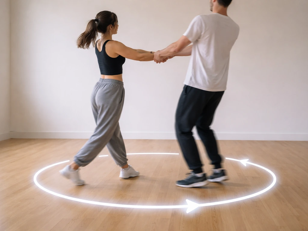 Two dancers in a minimal studio linked and spinning, with a faint circular motion path overlay