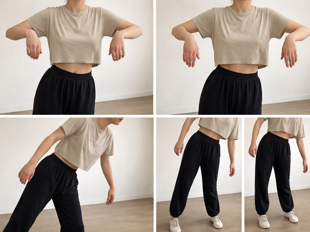 Two-panel photo showing stiff robotic flapping vs relaxed wrists, plus off-balance vs proper posture in a simple room.