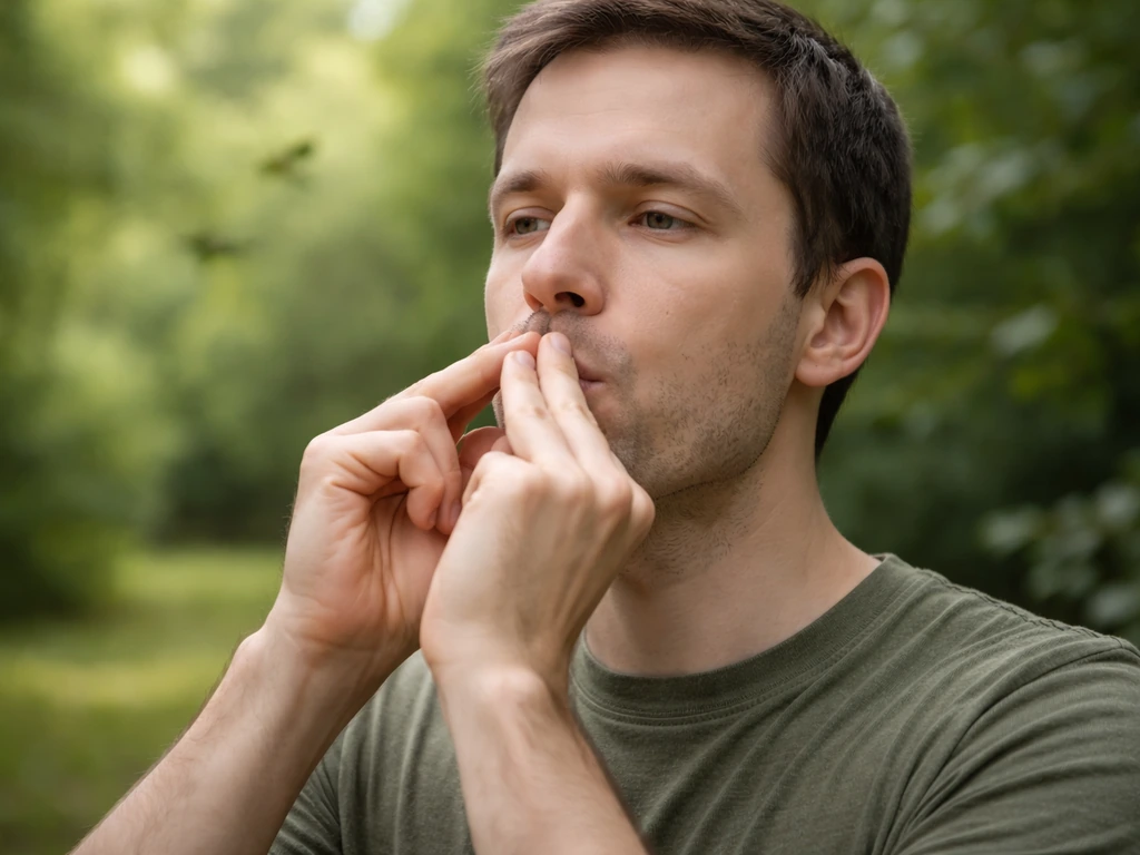 Person outdoors practicing a Chicano bird whistle with a focused mouth and hand gesture; trees and birds blurred.