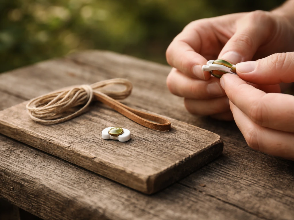 Hands and a small bird whistle device on a wooden board in a quiet outdoor-like setting.