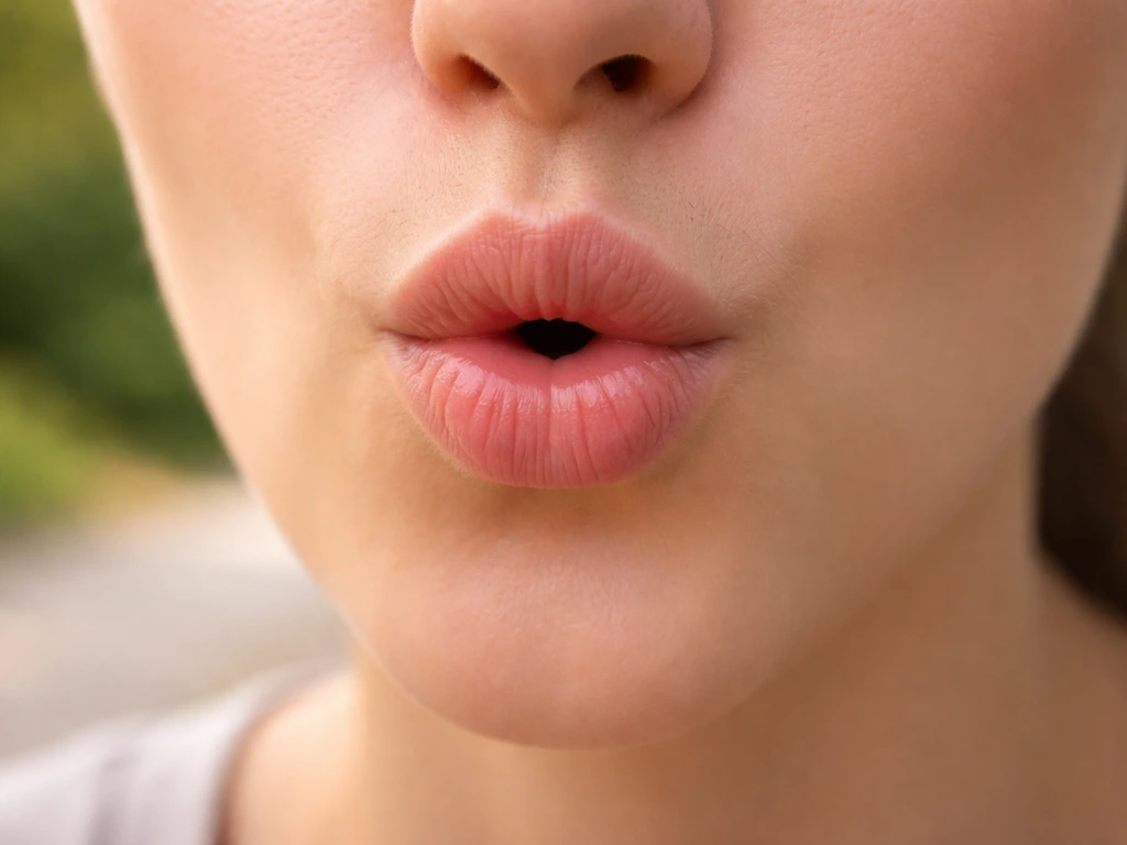 Close-up of pursed lips forming an “ooh” whistling shape against a natural, softly blurred background.