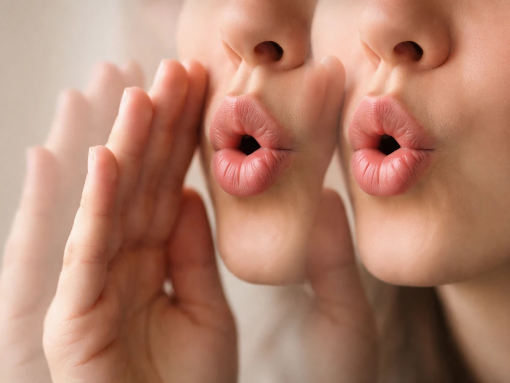Close-up of pursed lips and hand near mouth showing a steady single note attempt with subtle motion frames.
