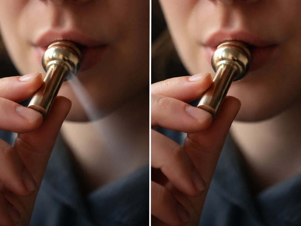 Photo showing a mouthpiece held close, with visible air flow on one side and blocked seal on the other.