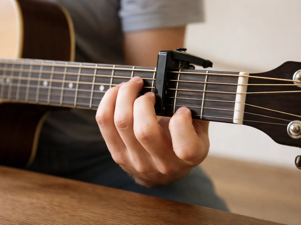 Close-up of a guitar with capo on 2nd fret and hands forming beginner chords, ready to practice.