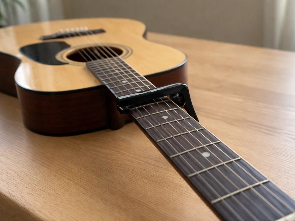 Acoustic guitar with a capo clamped on the 2nd fret, strings and fret area in sharp focus.