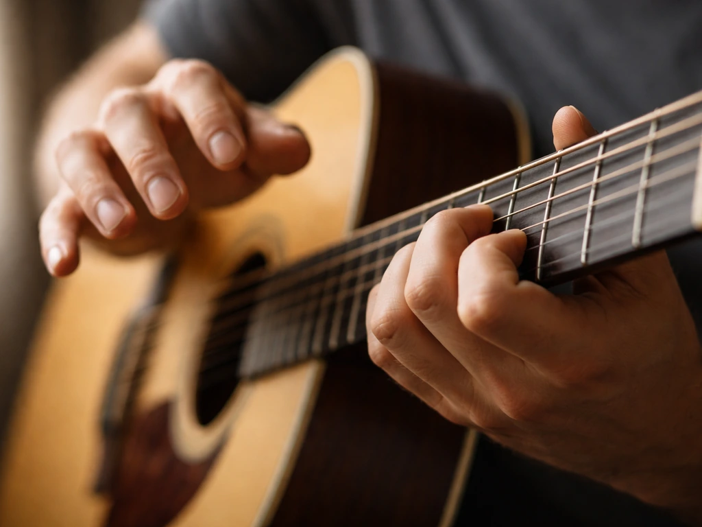 Close-up of hands on a guitar fretboard mid-shift between two chords, emphasizing timing.
