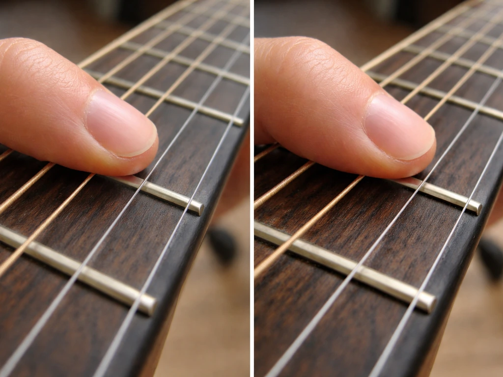 Two close-up guitar finger placements showing buzzing from wrong contact versus clean tone behind the fret.