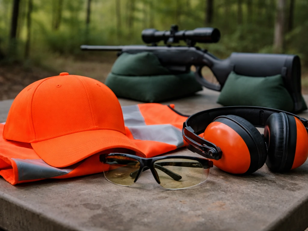 Bright blaze visibility hat and earmuffs beside a firearm safety training setup in a clean outdoor setting