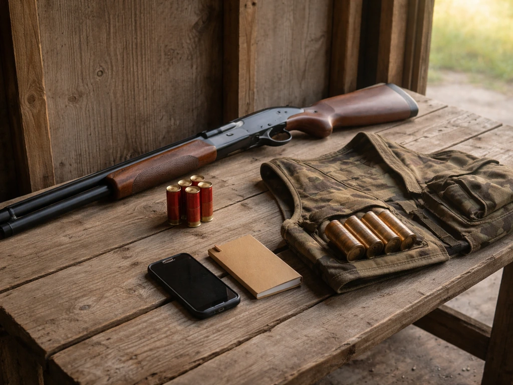 A 12-gauge shotgun, ammo, and a simple field vest on a wooden bench with a phone/notepad beside it.