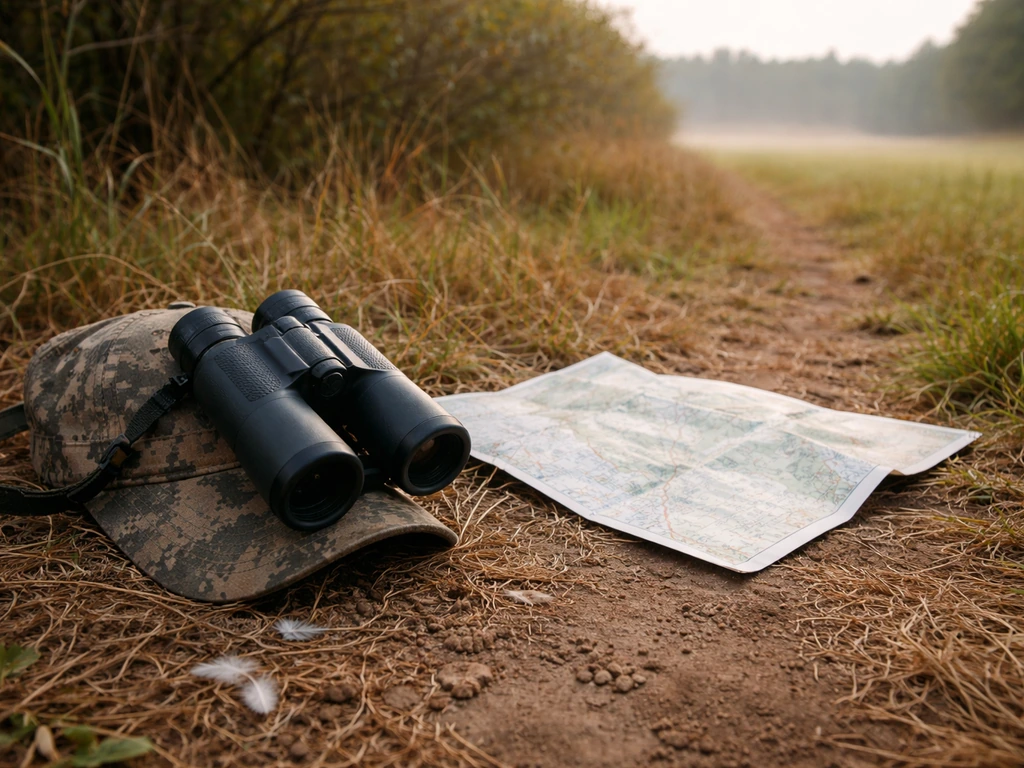Binoculars on a cap with an unfolded map in grass by a field edge, with subtle bird tracks and feathers.