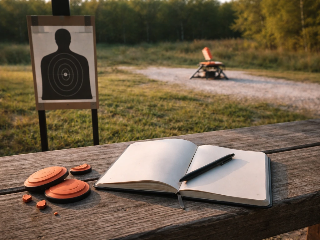 A shooting range target setup with a clay thrower blurred behind, and an open blank hunting journal beside it.