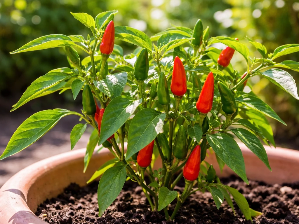Sunlit bird pepper plant with green and red peppers in a backyard container garden, ready for harvest.