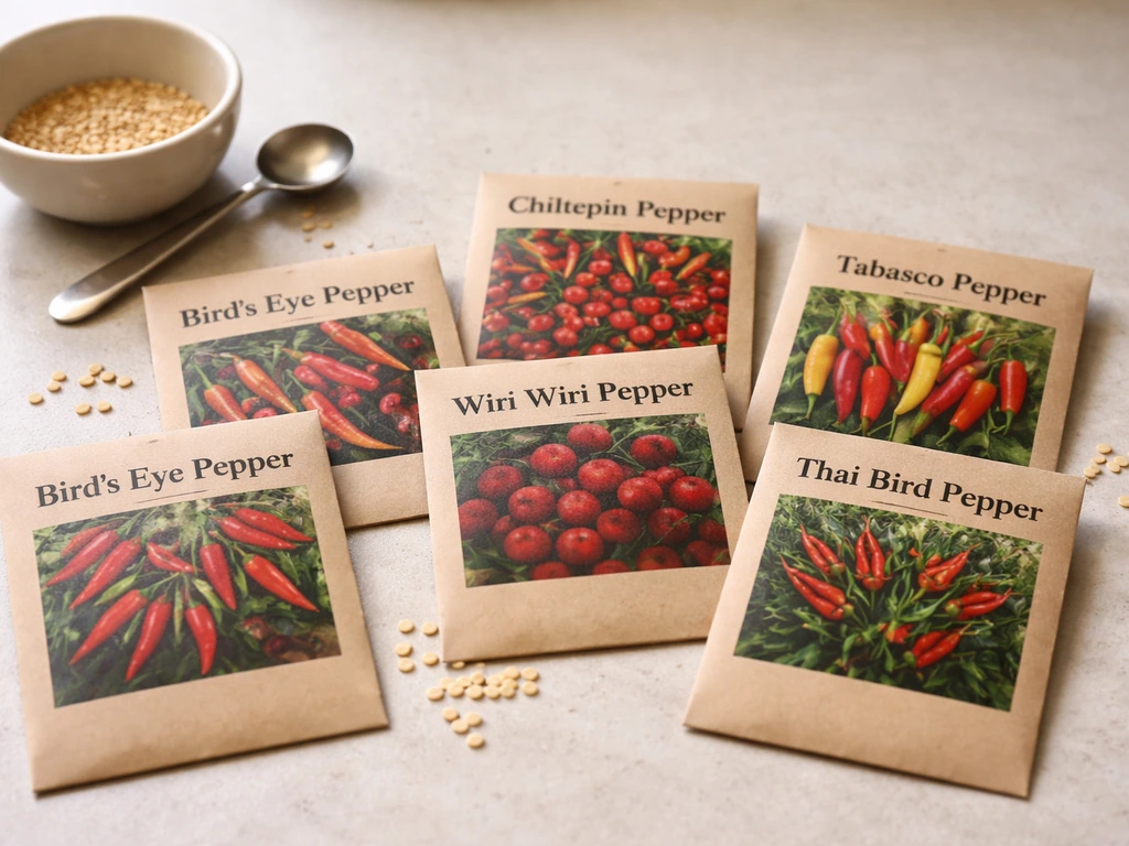 Assorted bird pepper seed packets laid on a kitchen counter, species names visible for choosing varieties.