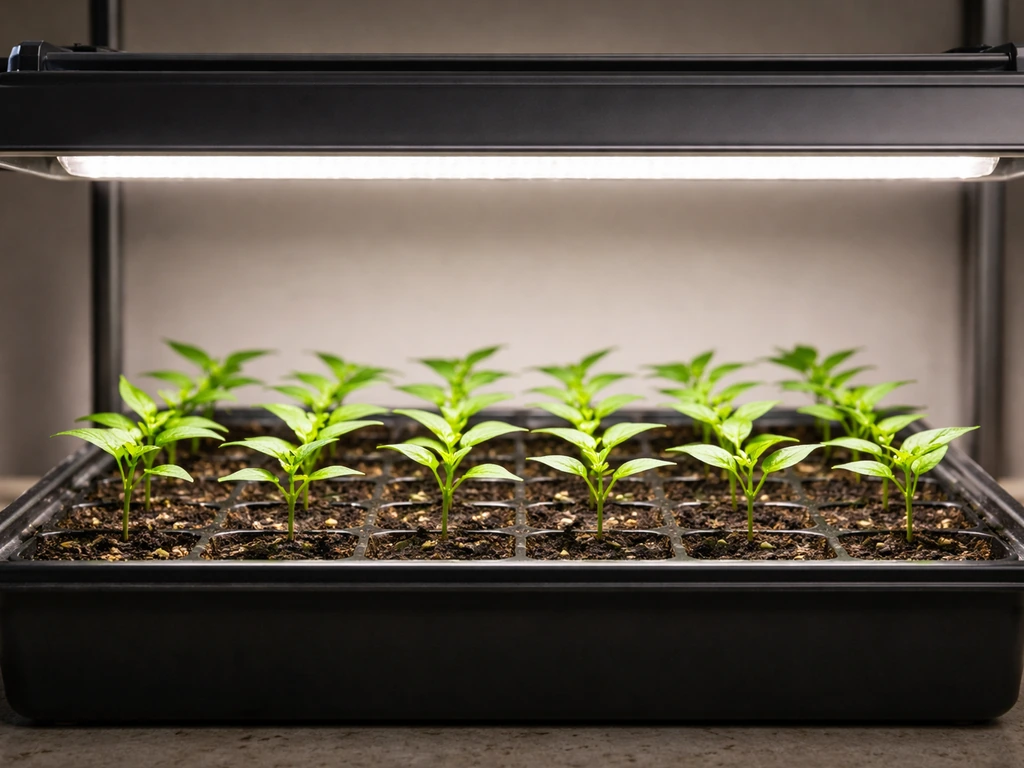 Close-up of bird pepper seedlings under a grow light with a visible 2–4 inch gap above the tray.