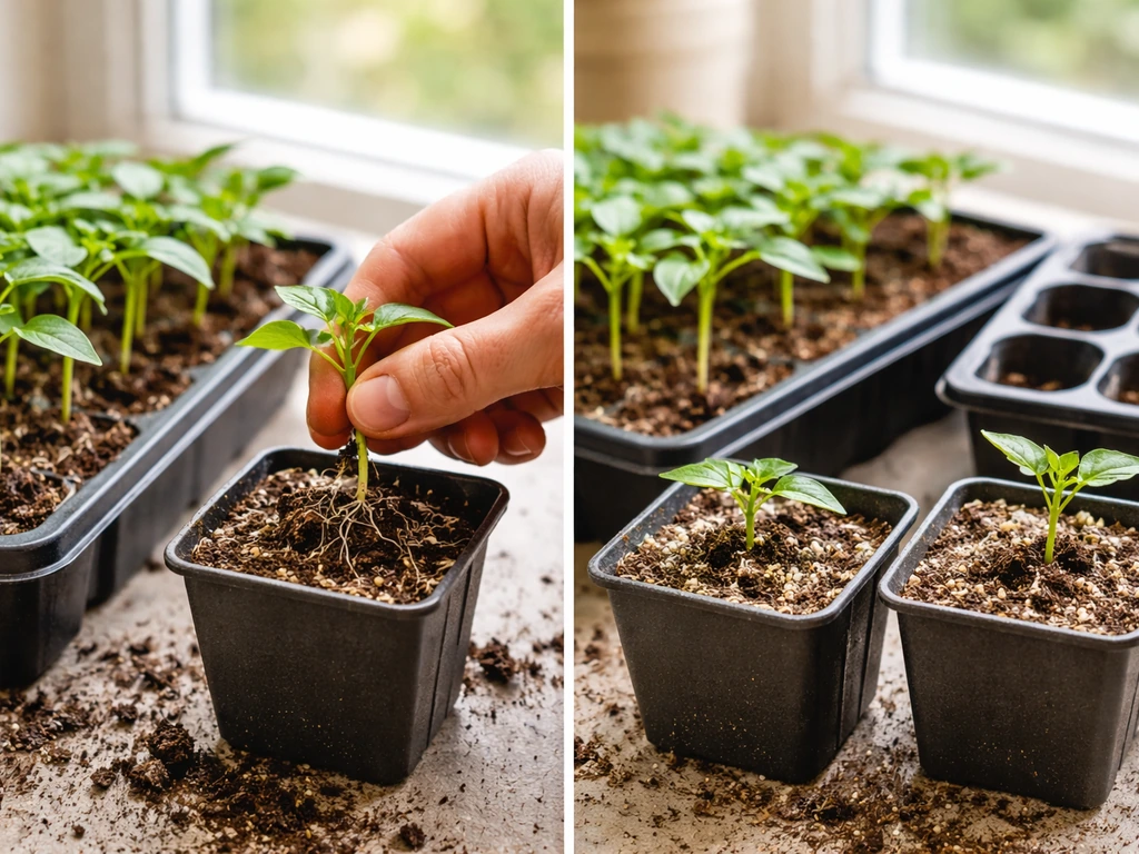 Small bird pepper seedlings being gently transplanted into individual pots at a bright indoor work area.
