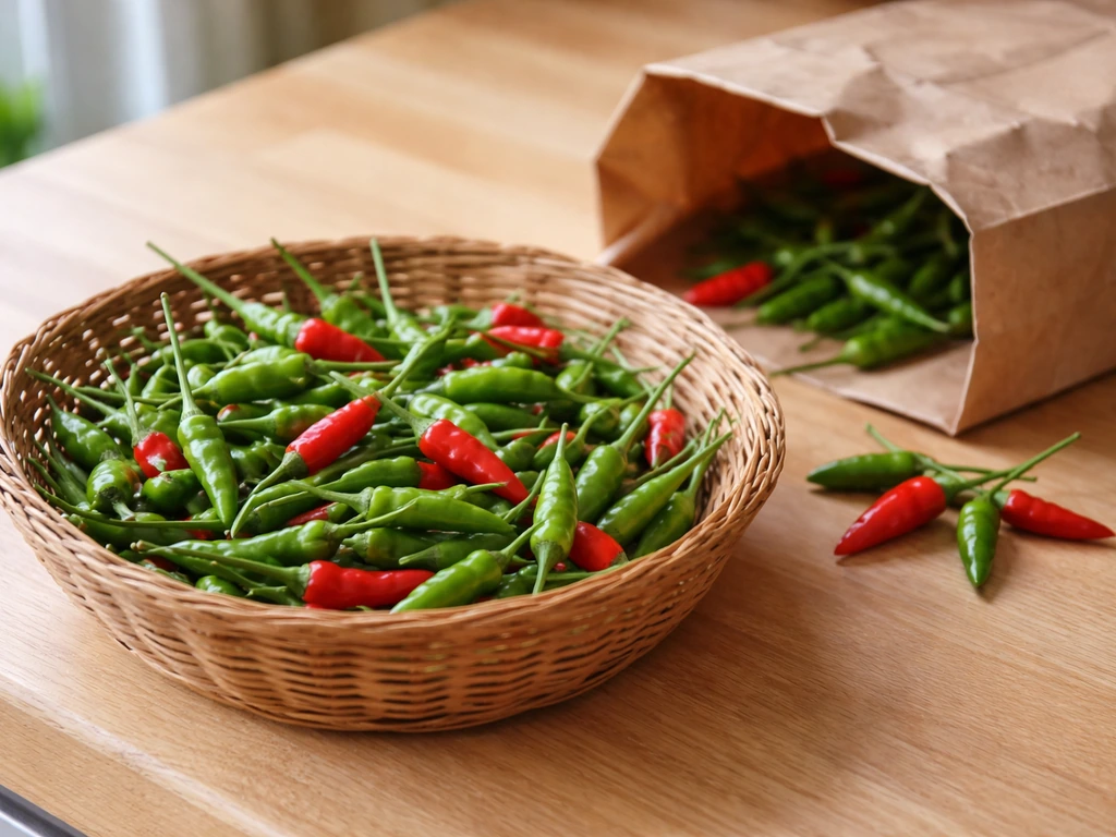 Freshly picked green and red bird peppers on a kitchen cutting board with a nearby container for storage.