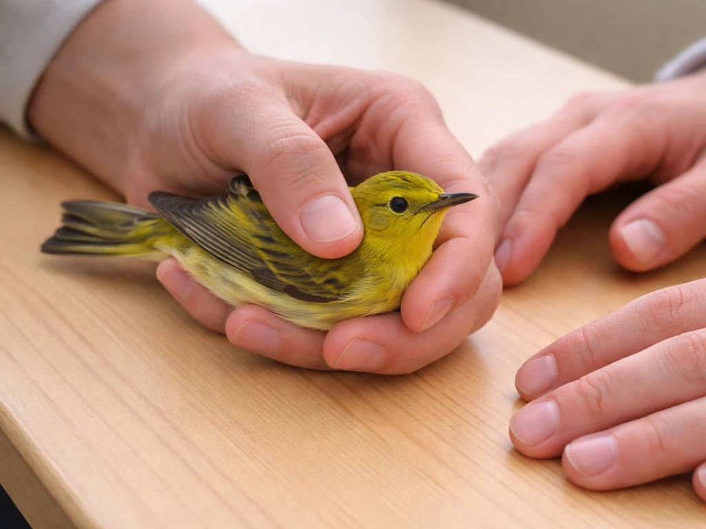 Close-up of a live bird resting on a clean flat surface, with an assistant’s hands showing a safe restraint grip.