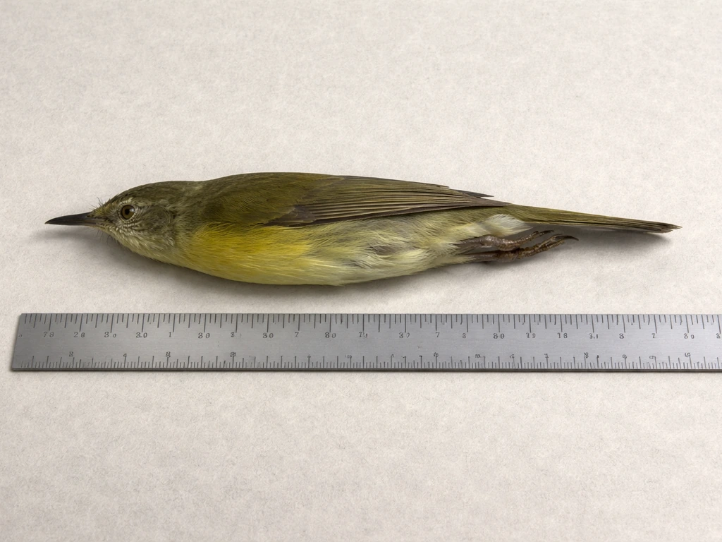 Museum study skin specimen lying beside a ruler for bill-tip to tail-tip straight-line measurement.