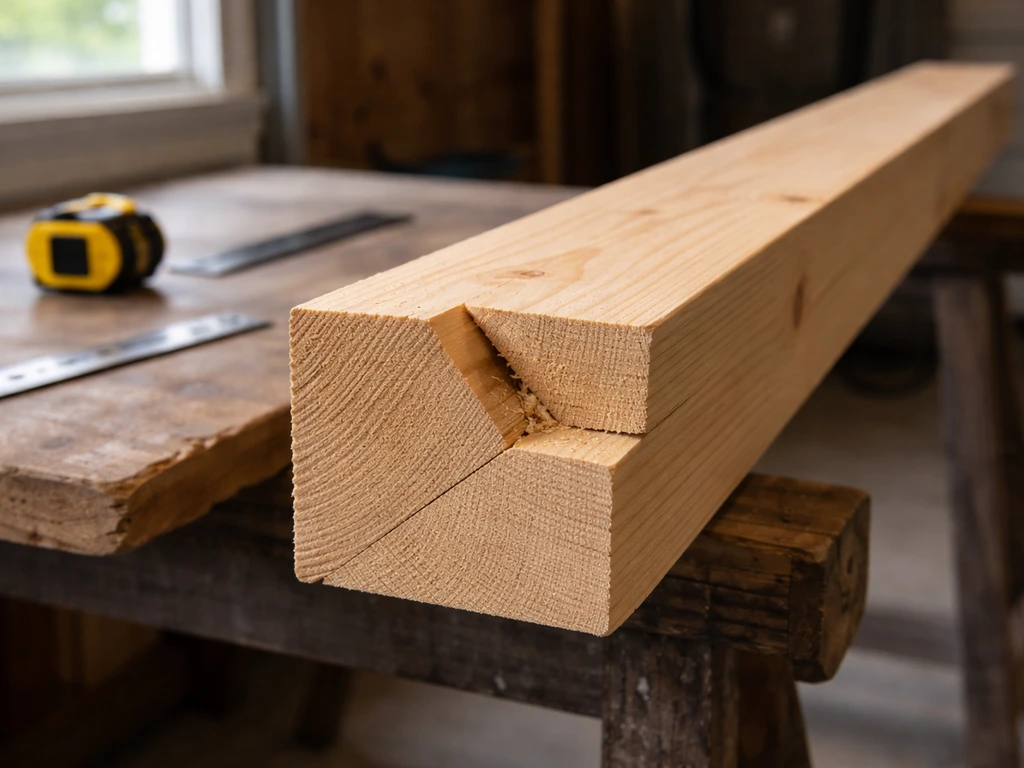 Close-up of a roof rafter on sawhorses with a bird-mouth notch seat and plumb cut partially carved.